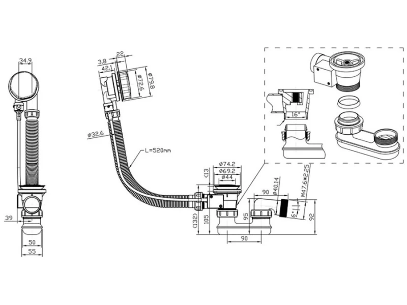 Слив-перелив Triton с сифоном Щ0000039638 (детальная фотография), полуавтомат
