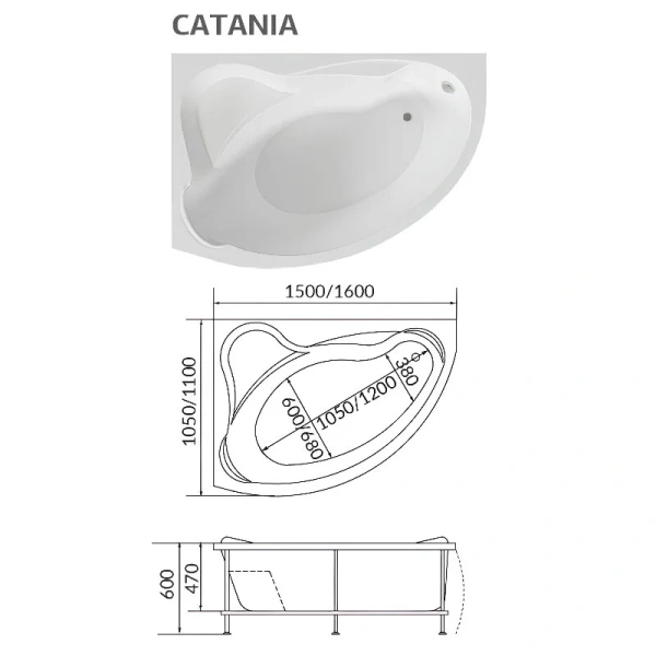 Ванна акриловая 1MarKa Catania 01кт1610лкс2+/01кт1610пкс2+, 160 x 105 см, левая/правая, цвет белый (детальная фотография), акриловые