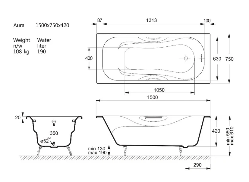 Чугунная ванна Vinsent Veron Aura VAU1507542H/VH0015BL, 150 x 75 см, ручки черные матовые, цвет белый (детальная фотография), чугунные