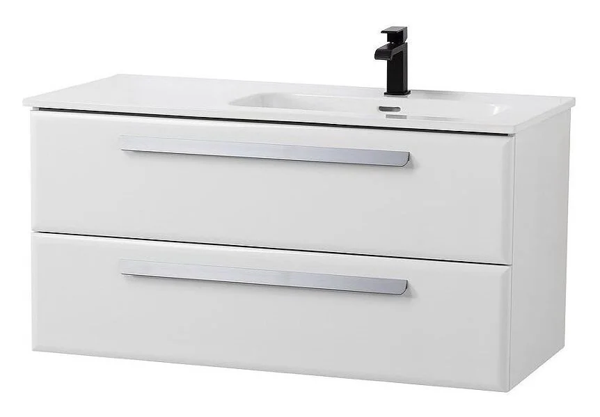 Тумба под раковину подвесная Cezares Eco 100 см Bianco Lucido, правосторонняя ECO-CER-N-1000-2C-SO-BL-R (детальная фотография), моноблок