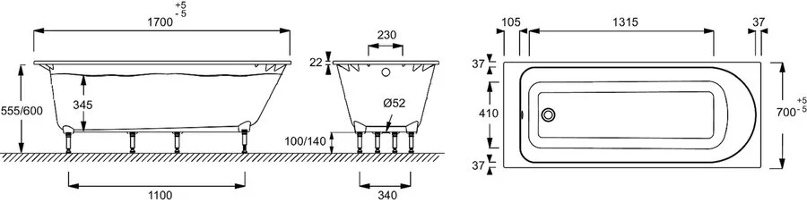 Ванна Flight Jacob Delafon Odeon Rive Gauche 170х70 см прямоугольная E6D151-00 (детальная фотография), 170 см