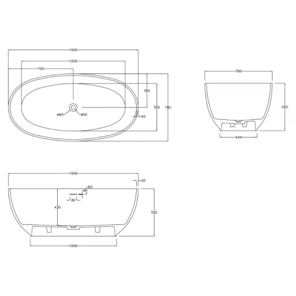 Ванна из искусственного камня Abber Stein 150х78 см отдельностоящая AS9641-1.5 (детальная фотография), без гидромассажа, маленькие