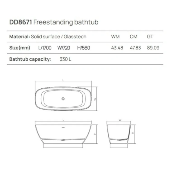 Ванна DEA Design Edge DD8671 1700 18, 170 х 72 см, искусственный камень, цвет белый матовый (детальная фотография), искусственный камень