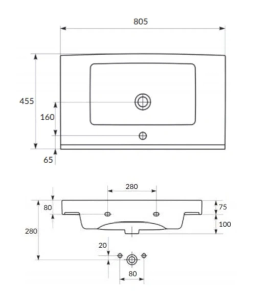 Раковина керамическая, Cersanit GRAND 80 S-UM-GRA80/1-w (детальная фотография), современные, hi-tech