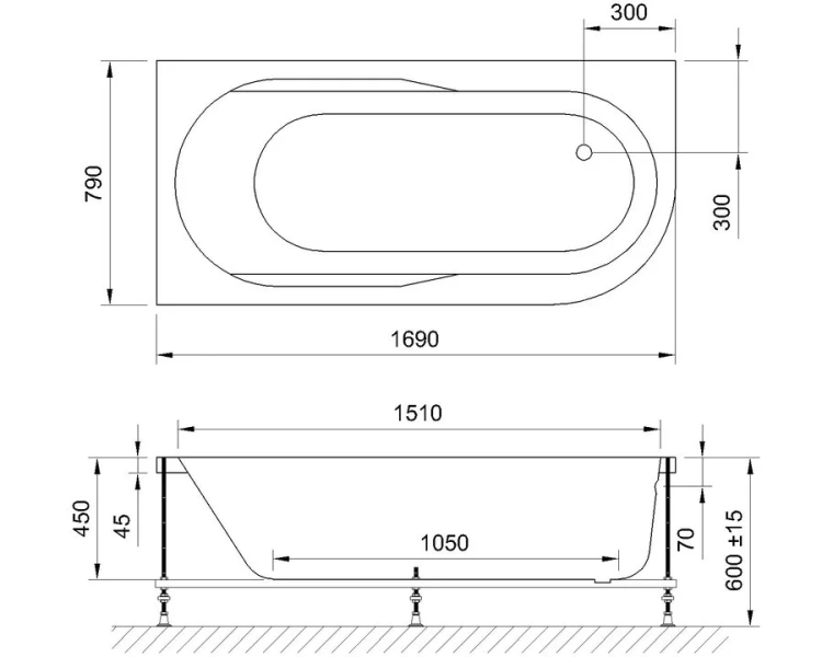 Ванна гидромассажная Royal Bath Azur Standart RB614203ST-L/R, 170 x 80 см, белая (детальная фотография), современныe, hi-tech