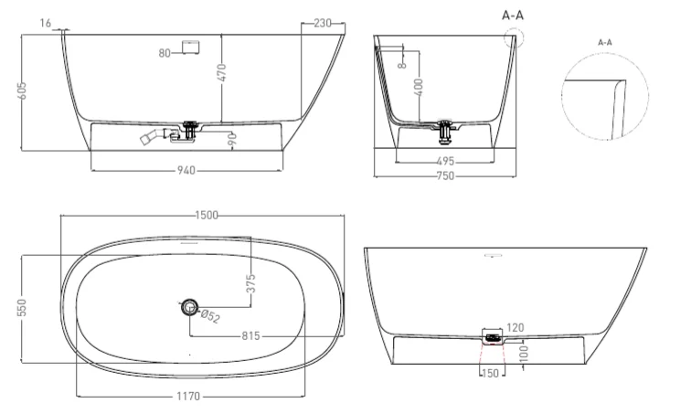 Ванна из искусственного камня Salini Sofia 150x75 см покраска по RAL полностью 102518GF (детальная фотография), искусственный камень