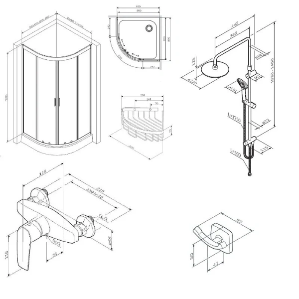Душевой уголок Am.Pm Gem 90x90 см с душевой стойкой WK90EN (детальная фотография), полукруглые, четверть круга