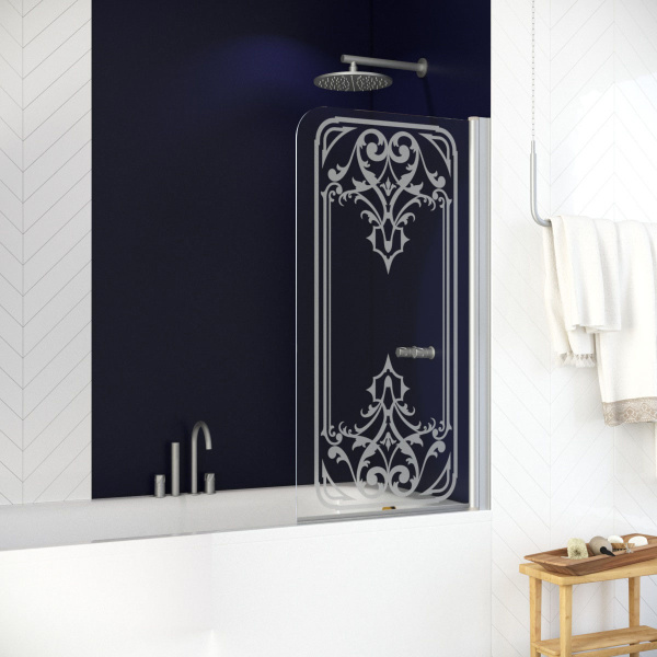Душевая шторка на ванную профиль матовый хром рисунок матовый стекло прозрачное Vegas-glass EV 76 07 ARTDECO D2 R (детальная фотография)
