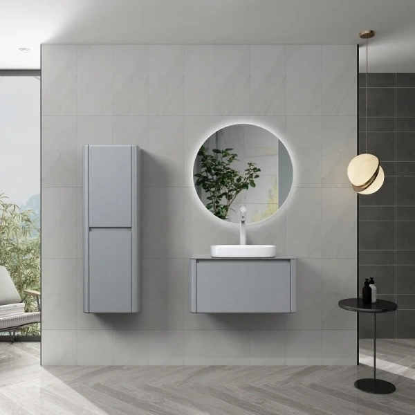 Тумба с раковиной подвесная Black&White Universe 915800 80 см МДФ (детальная фотография), со столешницей из натурального камня