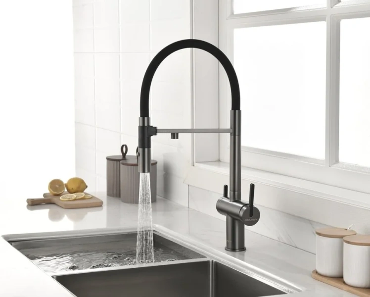 Смеситель для питьевой воды Paulmark Gravity вороненая сталь Gr213888-GM (детальная фотография), высокие, из латуни, округлая форма, для питьевой воды с фильтром