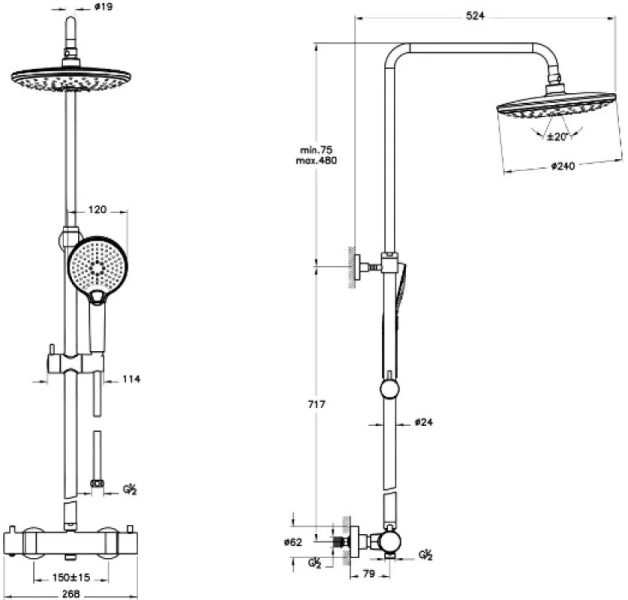 Душевая стойка VitrA AquaHeat Bliss хром A47205EXP (детальная фотография), современные, hi-tech