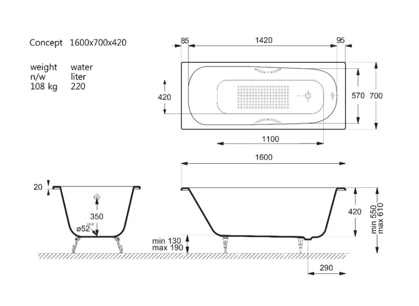 Чугунная ванна Vinsent Veron Concept VCO1607042H/VH0015GD-AS, 160 x 70 см, с антискользящим покрытием, ручки золото, цвет белый (детальная фотография), чугунные