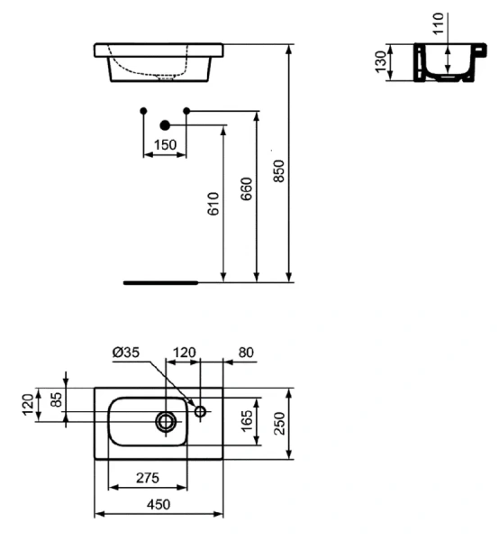 Раковина мебельная Ideal Standard Connect Space 45 см левая E136201 (детальная фотография), современные, hi-tech