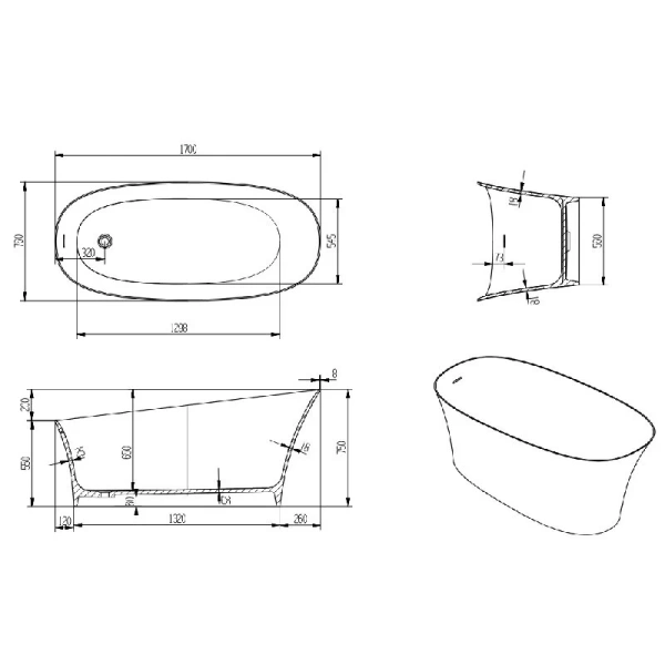 Акриловая ванна Timo KIARA1700, 170 х 75 см, цвет белый (детальная фотография), акриловые