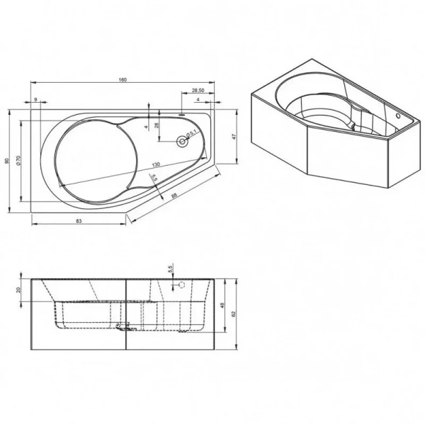 Ванна акриловая Riho Yukon Plug & Play, B008012005/B009012005, 160 x 90 см, левая/правая, цвет белый (детальная фотография), акриловые