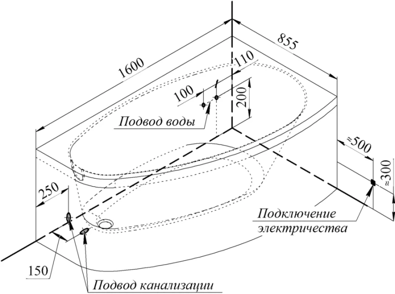 Акриловая ванна Радомир Орсини 1-01-4-2-1-032К, 160 х 90 см, правая, каркас, фронтальный экран, сифон, слив-перелив автомат в комплекте, белая/бронза (детальная фотография), современныe, hi-tech