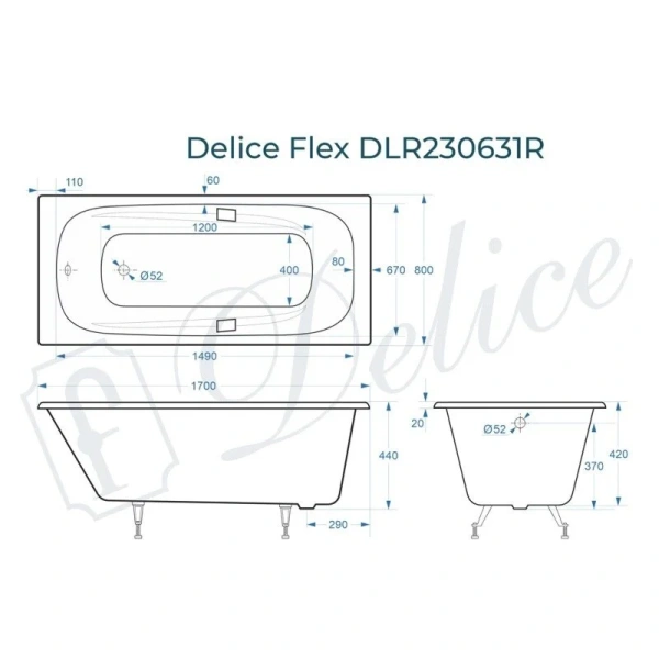 Ванна чугунная Delice Flex DLR230631R, 170 х 80 см, без покрытия, с отверстиями под ручки, без ручек, цвет белый (детальная фотография), чугунные