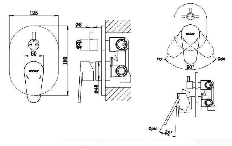 Смеситель встраиваемый в стену, три функции Bravat Eler FB848238CP-3-RUS (детальная фотография), для душа