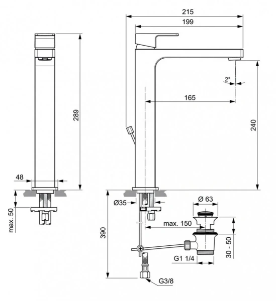 Смеситель для раковины Ideal Standard Edge с донным клапаном A7112AA (детальная фотография), для раковины