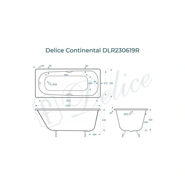 Ванна чугунная Delice Continental 140x70 см приставная DLR230619R (детальная фотография), чугунные