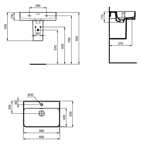Раковина Ideal Standard Strada II 60 см с накладкой слива T300001 (детальная фотография), современные, hi-tech