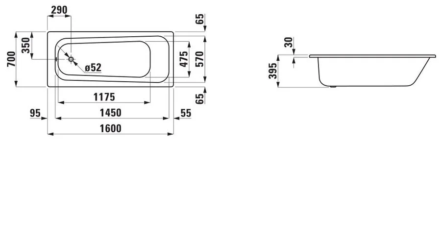Стальная ванна Laufen Pro 2.2395.0.000.040.1 160 х 70 см без ручек (детальная фотография), стальные