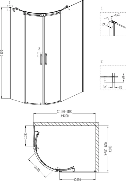 Душевой уголок Grossman Galaxy 120x90 см 2 места GR-4121R (детальная фотография), 120х90