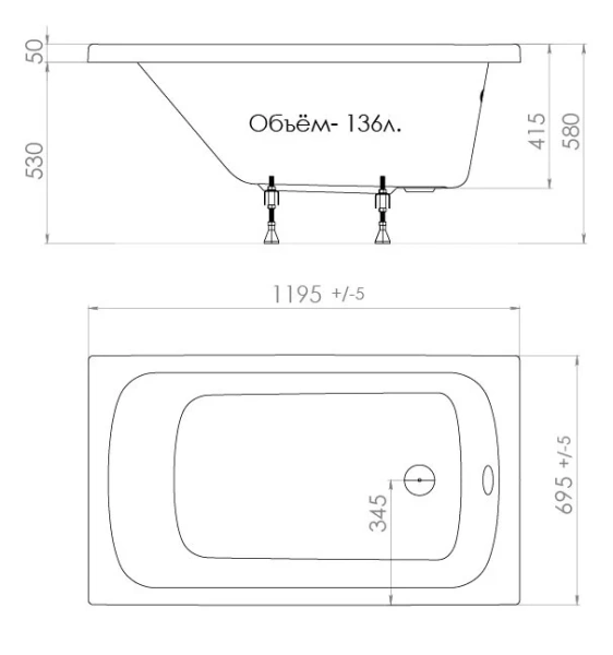 Ванна акриловая Triton Стандарт 120х70 см белая Н0000099325 (детальная фотография), акриловые