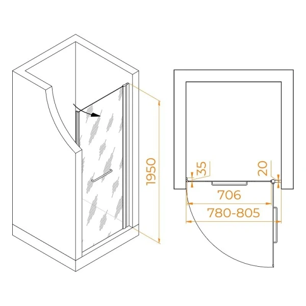 Душевая дверь в нишу RGW Passage PA-103 80 см профиль хром, стекло матовое 020810308-21 (детальная фотография), современные, hi-tech