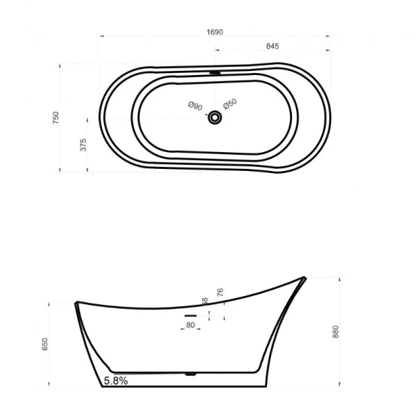 Ванна из искусственного камня Abber Stein 170x75 см белая матовая AS9618 (детальная фотография), искусственный камень