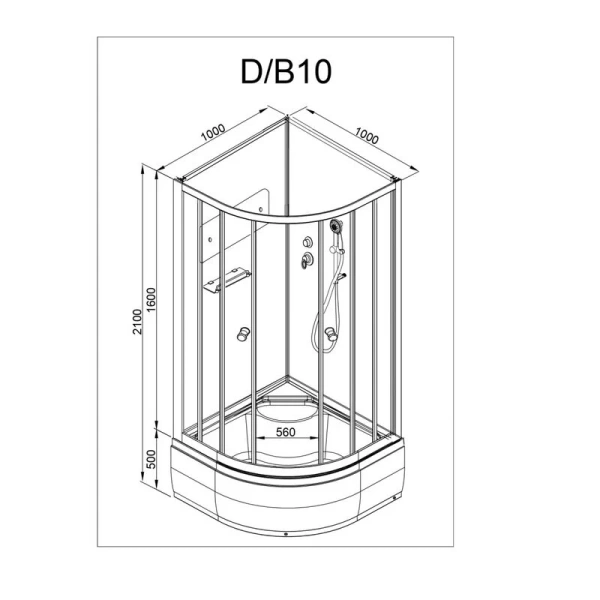 Душевая кабина Deto D 100х100 см высокий поддон D10 (детальная фотография), полукруглые, четверть круга