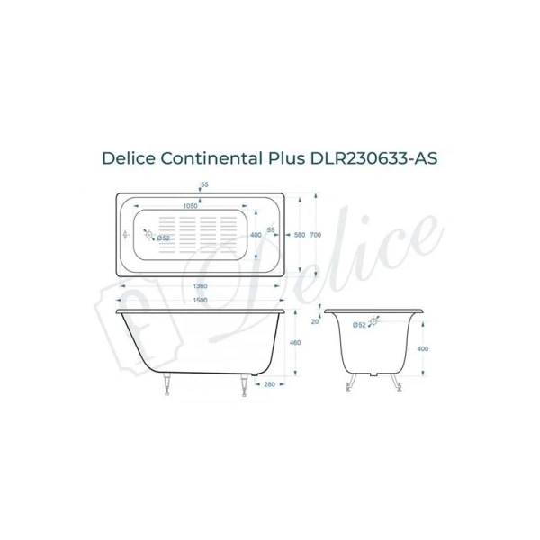 Ванна чугунная Delice Continental Plus 150х70 см с антискользящим покрытием DLR230633-AS (детальная фотография), чугунные