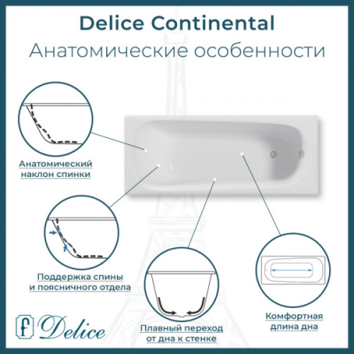Ванна чугунная Delice Continental 150x70 с отверстиями под ручки DLR230612R-AS (детальная фотография), современныe, hi-tech