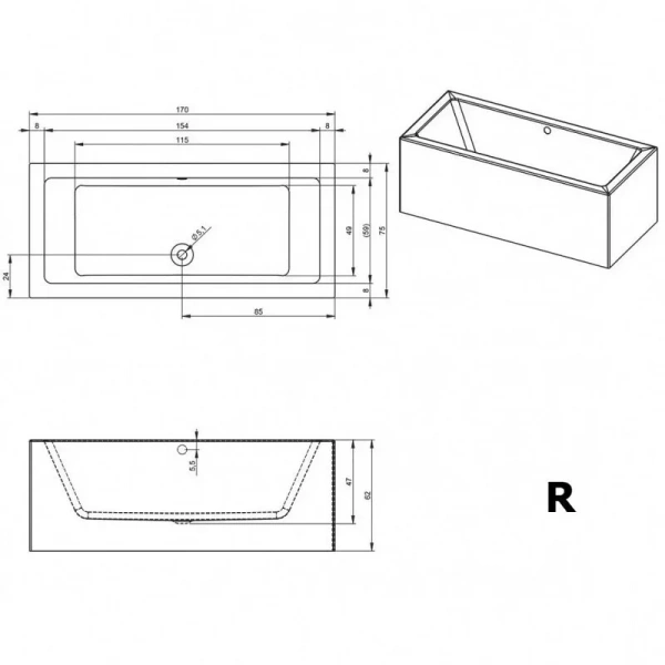Акриловая ванна Riho Lugo Plug & Play B132015005/B132016005, 170 x 75 см, левая/правая, цвет белый (детальная фотография), современныe, hi-tech