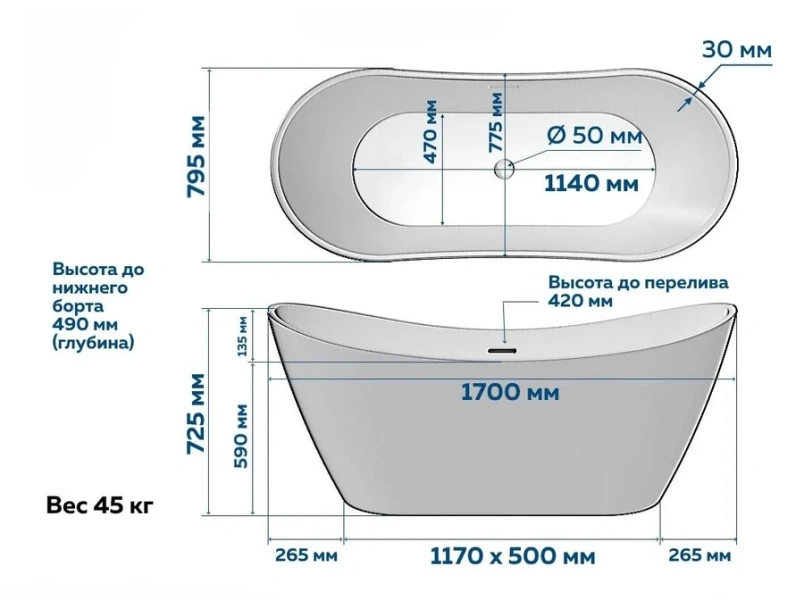 Ванна акриловая Corpa Nera Paganini CN130115, 170 х 80 см, белый матовый (детальная фотография), акриловые