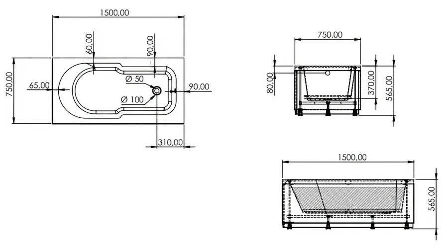 Ванна акриловая Artemis Flora 10110300501028 150 x 75 см, белый (детальная фотография), современныe, hi-tech