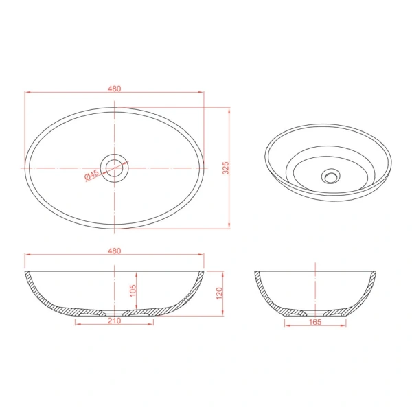 Раковина Montebianco Conca 48 см белая матовая 12093 (детальная фотография), современные, hi-tech