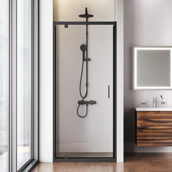 Душевая дверь в нишу Am.Pm Gem 90 см профиль черный W90G-90-1P-BT (детальная фотография), в нишу, стеклянные