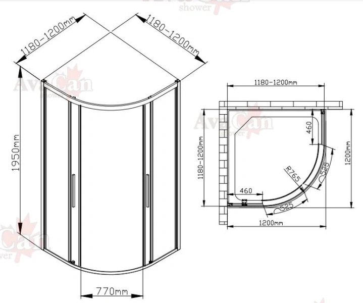 Душевой уголок Deto HB 120x120 см профиль хром HC120 (детальная фотография), полукруглые, четверть круга