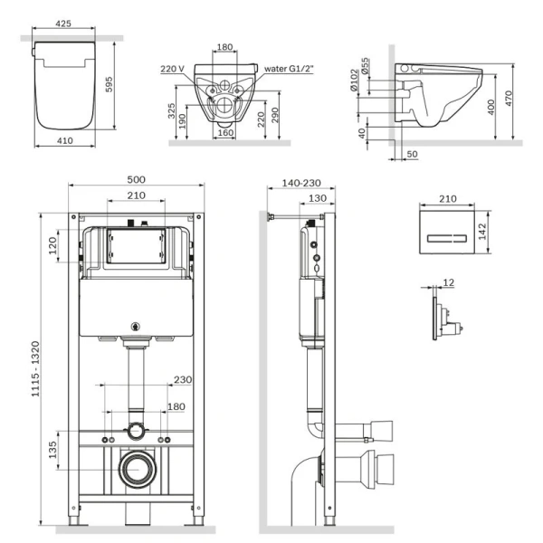 Унитаз с инсталляцией Am.Pm Inspire 2.0 сиденье с электронным биде, сенсорная кнопка IS450A38.CCC50A (детальная фотография), с инсталляцией