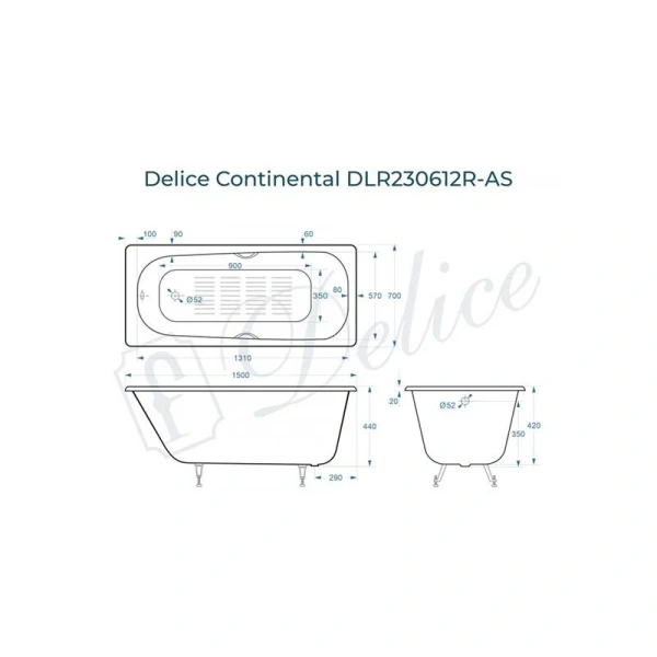 Ванна чугунная Delice Continental DLR230612R-AS 150x70 приставная (детальная фотография), чугунные