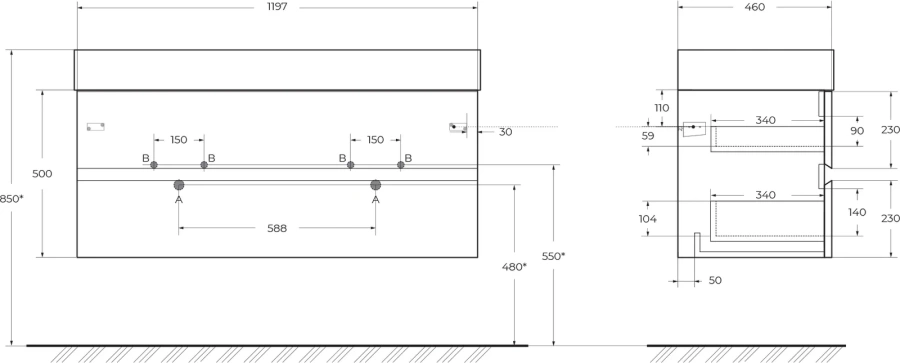 Тумба под раковину подвесная Cezares Molveno 120 см legno grigio MOLVENO 46-120-2C-SO-2-LG (детальная фотография), в наличии