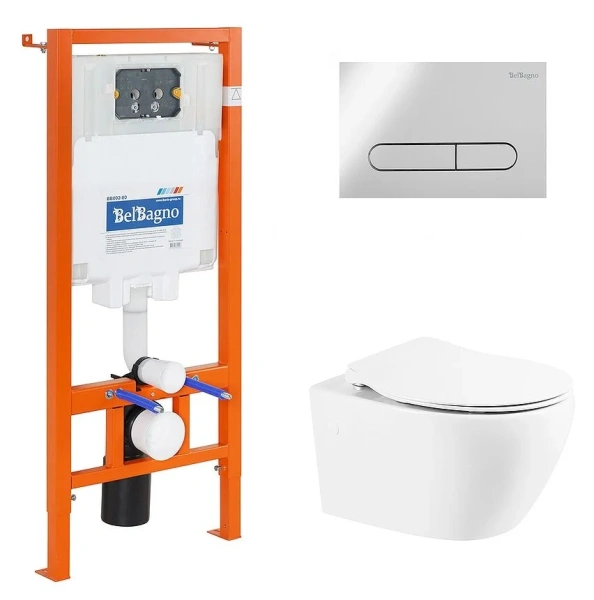 Унитаз с инсталляцией BelBagno с сиденьем и кнопкой смыва BB507B/BB2020SC/BB002-80/BB005-PR-CHROME (детальная фотография)