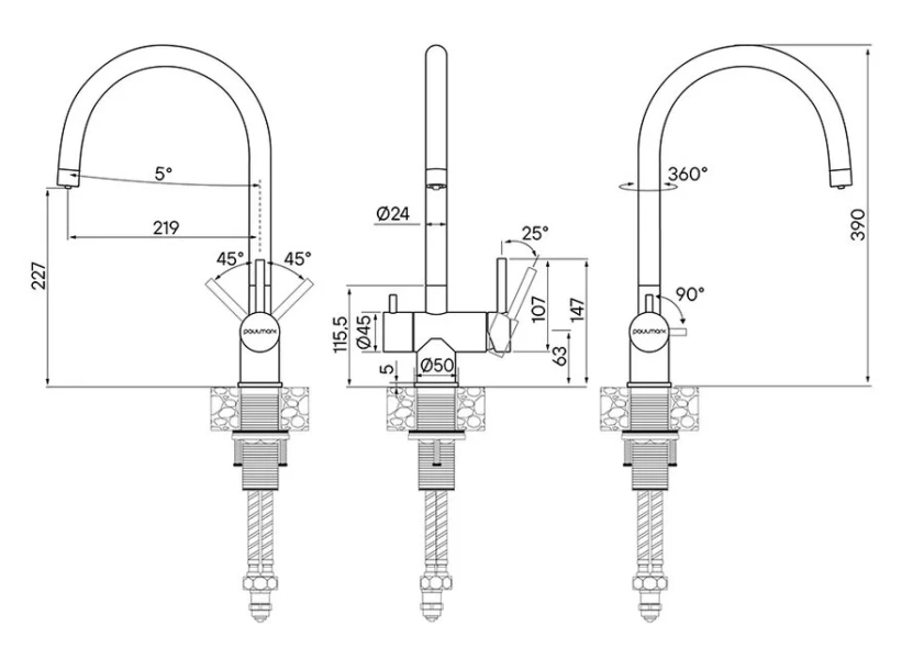 Смеситель для кухни Paulmark Heller под фильтр, нержавеющая сталь He213218-SS (детальная фотография), для кухни