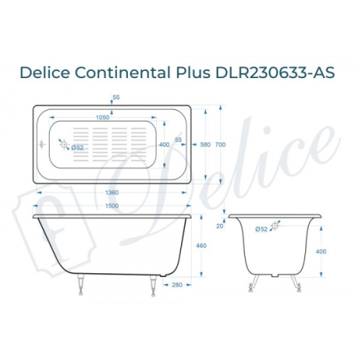 Ванна чугунная Delice Continental Plus 150х70 см с антискользящим покрытием DLR230633-AS (детальная фотография), 150x70 см