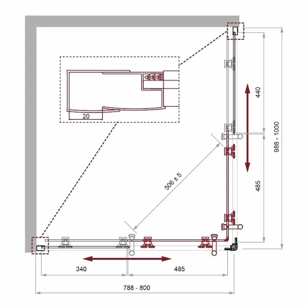 Душевой уголок BelBagno Uno-195 100х80 см стекло шиншилла UNO-195-AH-2-100/80-CH-CR (детальная фотография), прямоугольные