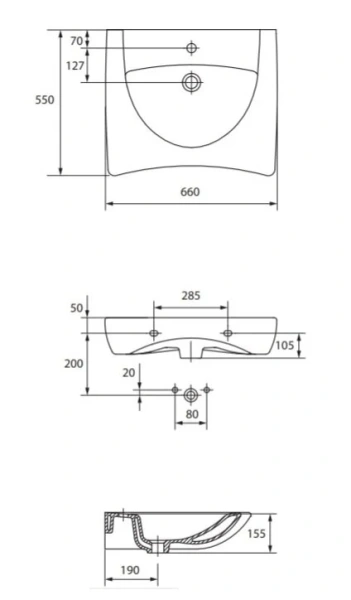 Раковина Cersanit Etiuda 65 см прямоугольная P-UM-ETI65/1 (детальная фотография), современные, hi-tech