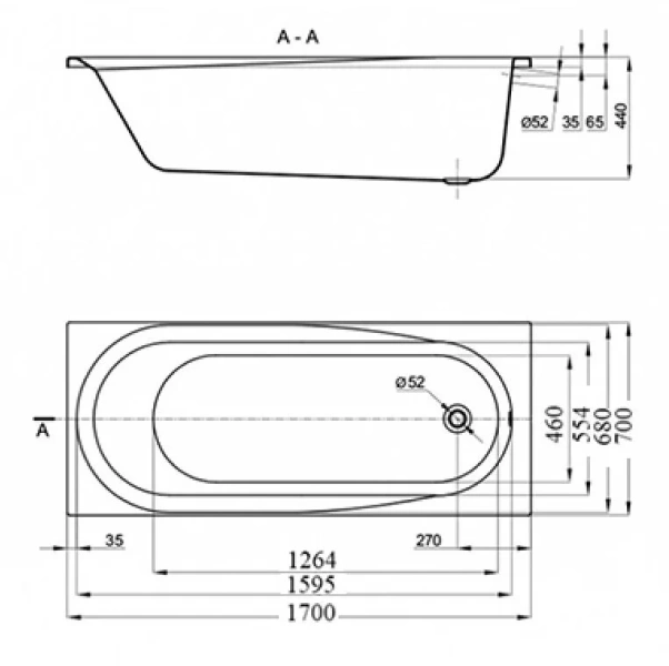 Ванна акриловая Vincea VBT-2B170, 170 x 70 см, без опоры, белый (детальная фотография), акриловые