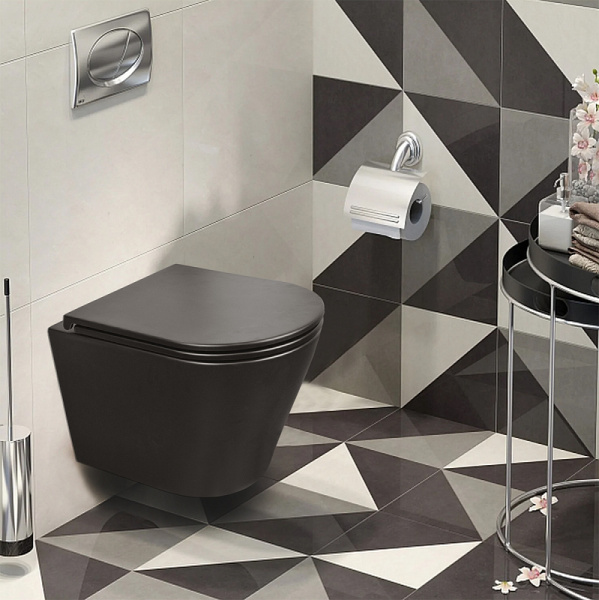 Унитаз подвесной Azario Teramo черный матовый AZ -053E-R-MB/ AZ-0053-MB (детальная фотография), с горизонтальным, прямым выпуском, с прямым выпуском