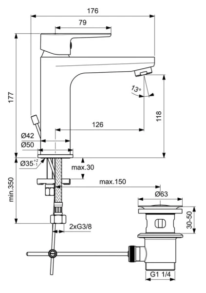Смеситель для раковины Ideal Standard Sesia с металлическим донным клапаном BC201AA (детальная фотография), для раковины